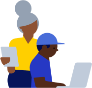 Illustration of teacher and students with devices submitting programs